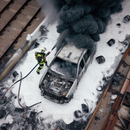 A firefighter in full gear uses a hose with chemical white foam to extinguish flames engulfing