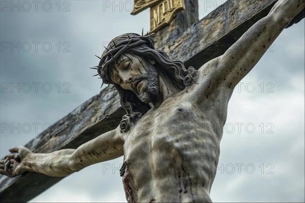 Statue of Jesus on the cross with crown of thorns under a cloudy sky, conveys a sense of suffering