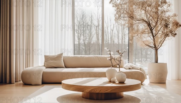 A well-lit modern living room with beige tones and elegant furniture, modern sofa and round coffee