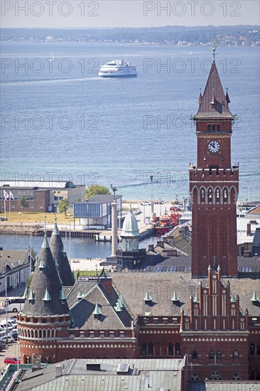 City view Helsingborg, in the centre the town hall, in the background the Oeresund, Skane laen,