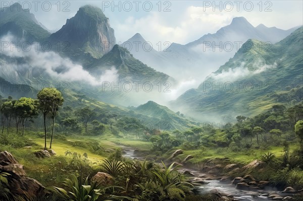 Surrealist aerial view of the top of Venezuelan tepuis known as the Lost world, Venezuela, AI