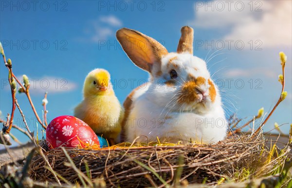 Easter, the Easter bunny and a chick sit in an Easter nest with colourful Easter eggs, AI