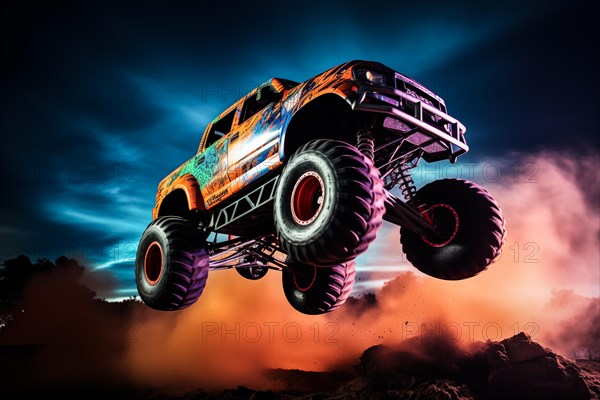 Monster truck driving and jumping outdoors amidst a cloud of dust. Thrill and adrenaline of an