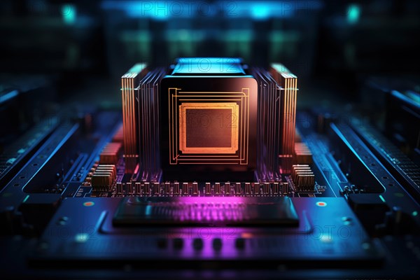 Close-up of a computer processor chip CPU on a motherboard with glowing neon lights. The chip is