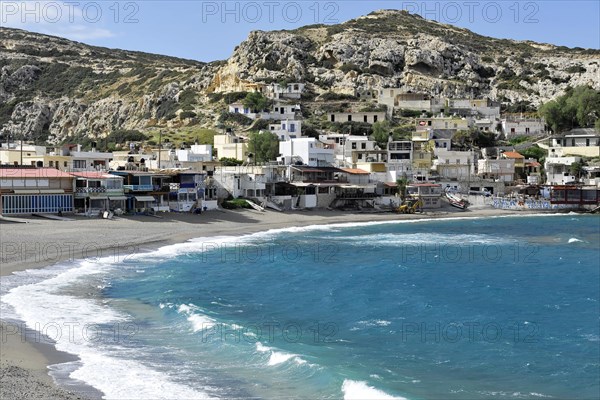The bay of Matala, island, sea, village, summer, blue sky, beach, bathing beach, island of Crete,