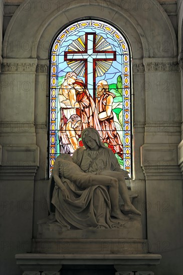 Church window, coloured window in the mausoleum, church on the Cementerio de Cristobal Colon,