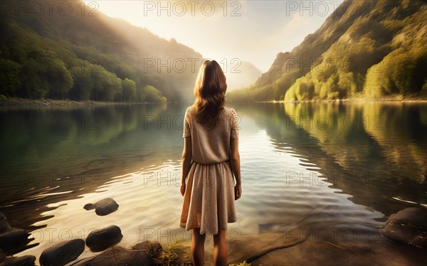 Suicidal thoughts, a young depressed woman with suicidal intent stands in the water by a lake, AI
