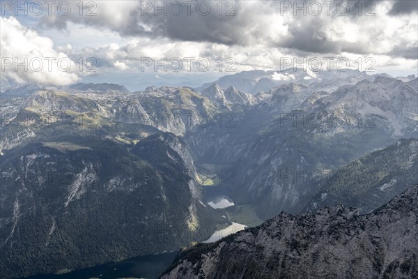 View of Koenigssee and Obersee with Steinernes Meer, at the summit of the Watzmann Mittelspitze,