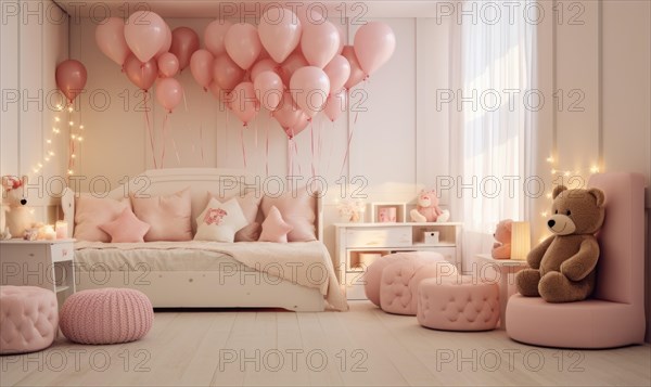 Children's bedroom decorated with pink balloons, a teddy bear, and soft lighting Children's room