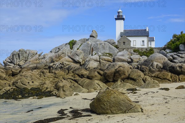 Lighthouse and beach at the Pointe de Pontusval, Plouneour-Brignogan-Plage, department Finistere