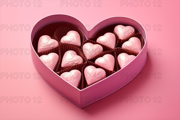 Heart-shaped box with a selection of finely crafted chocolates, perfect for Valentine Day, on pink