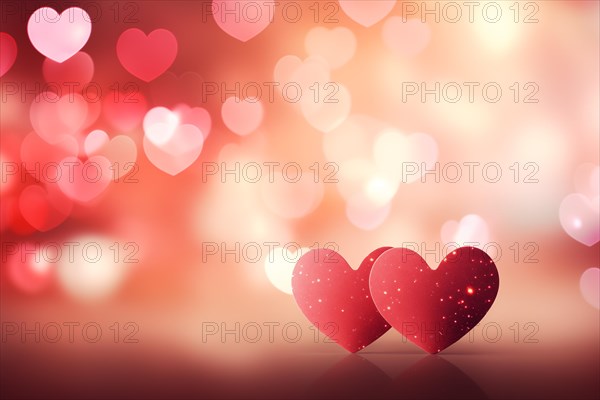 A beautiful and romantic background featuring two elegant red hearts against a soft, bokeh light