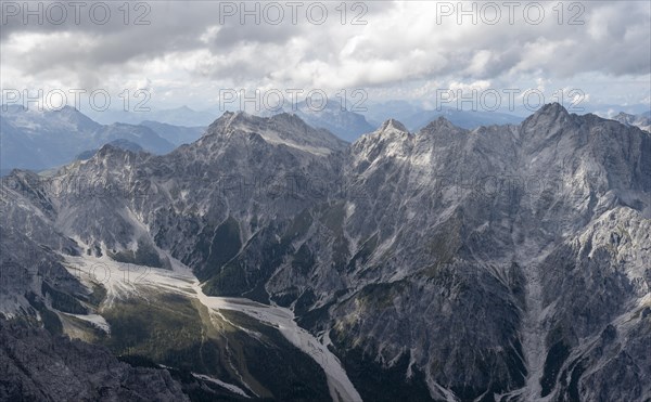 View of Wimbachgries valley and mountain panorama with rocky mountain peak of the Hochkalter, at