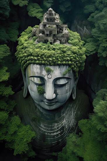 Aerial view of a Giant Buddha head surrounded by an Asian tropical forest, AI Generated, AI