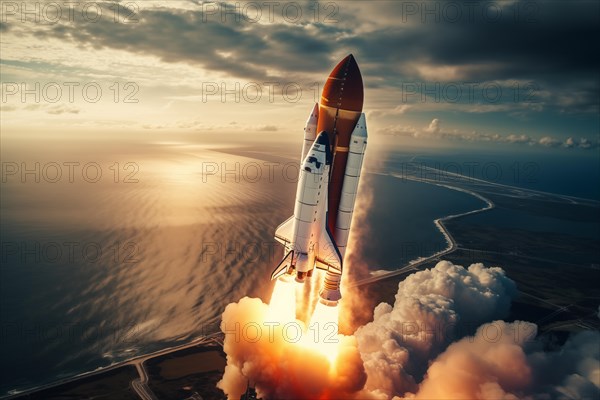 Aerial view of a rocket shuttle carrier launch at sunrise over an ocean coast. The rocket is