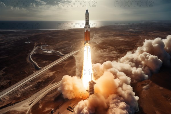 Aerial view of a rocket launch at sunrise sunset over an ocean coast. The rocket is blasting off
