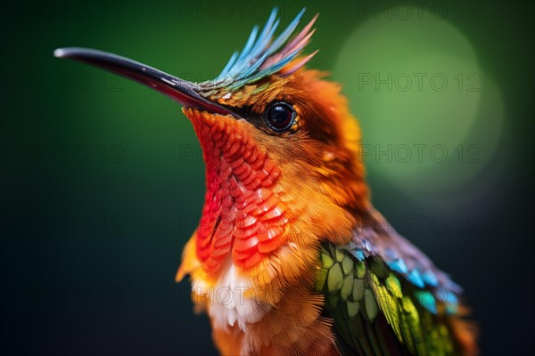 Stunning close-up captures the radiant colors and intricate details of a hummingbird, showcasing