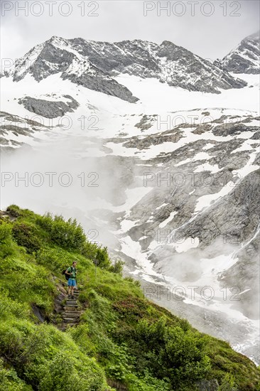 Mountaineers on a hiking trail, in the background glaciated peak Dosso Largo and glacier