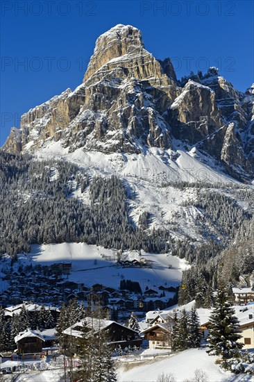 Fresh snow on the summit of Sassongher, Corvara ski resort, Kurfar, Alta Badia winter sports