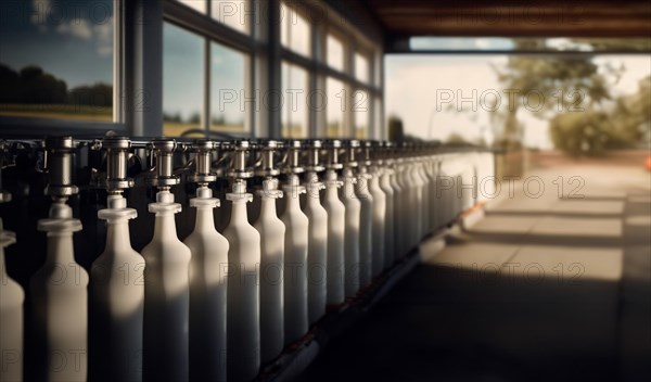 Plant for the production of milk and dairy products, conveyor belt with bottles of milk, AI