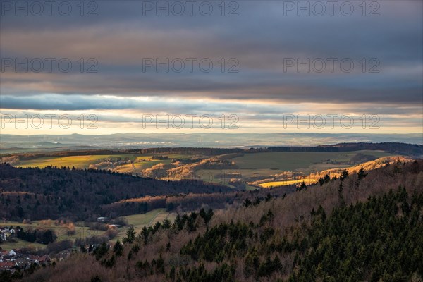 Landscape at the Grosser Zacken, Taunus volcanic region. A cloudy, sunny autumn day, meadows,