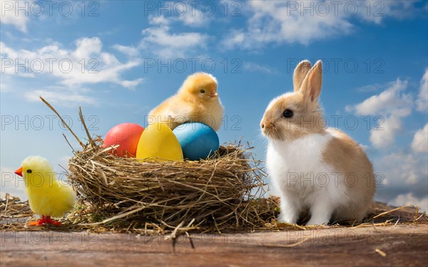 Easter, the Easter bunny and a chick sit in an Easter nest with colourful Easter eggs, AI