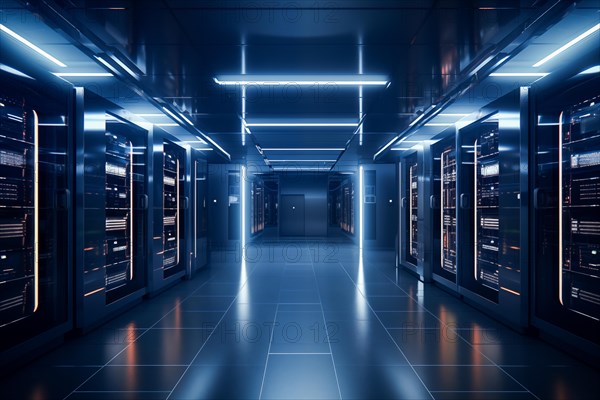 A modern data center with rows of server racks, high technology, artificial intelligence AI and