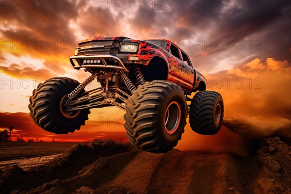 Monster truck driving and jumping outdoors amidst a cloud of dust. Thrill and adrenaline of an