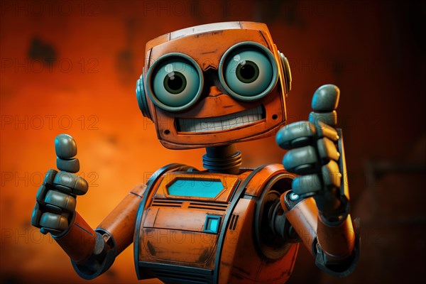 Orange robot showing a thumbs up gesture. The friendly robot has big round eyes and a friendly