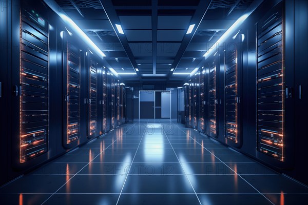 A modern data center with rows of server racks, high technology, artificial intelligence AI and