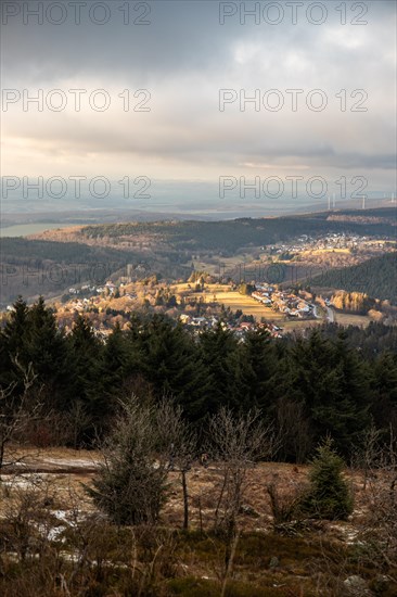 Landscape on the Grosser Feldberg, Taunus volcanic region. A cloudy, sunny winter day, meadows,