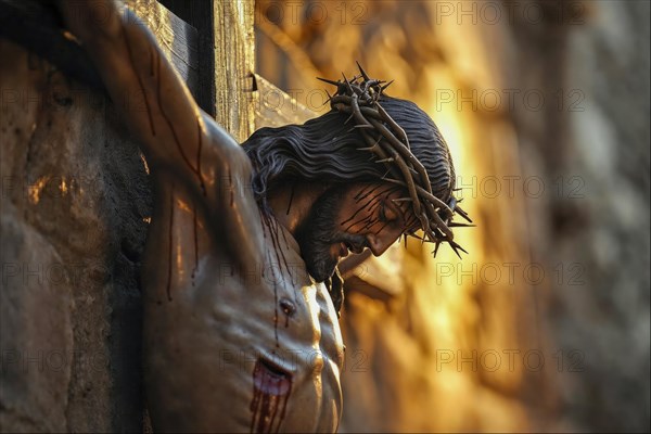 Statue of Jesus with crown of thorns symbolises crucifixion and Christian suffering, AI generated,