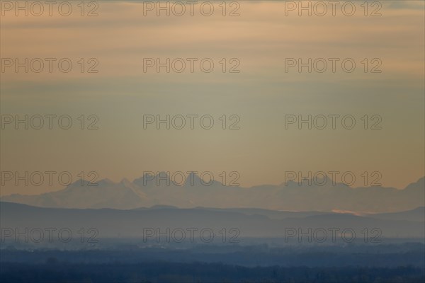 Silhouette of the Alps, seen from the Vosges mountains 200 km away. Bas-Rhin, Alsace, Grand Est,