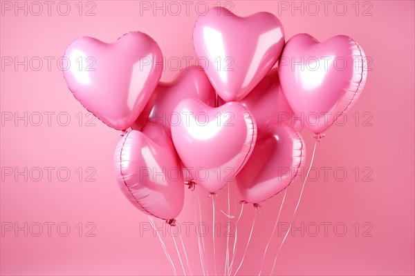 Bunch of glossy pink heart-shaped balloons against a soft pink background, perfect for Valentine