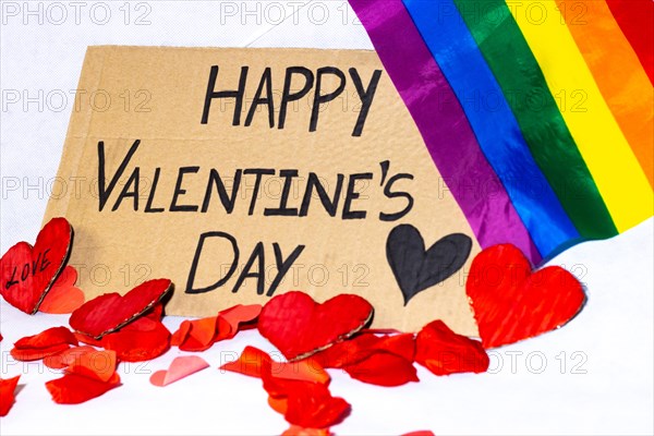 Cardboard sign Happy Valentine's Day lgbtq+ isolated. Text of Happy Valentine's Day written on a