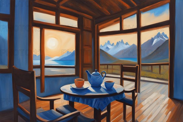Painting capturing two cups of tea on a table on a terrace face beautiful waterfront landscape,