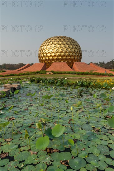 Lotus pond, meditation centre Matrimandir or Matri Mandir, future city Auroville, near Pondicherry