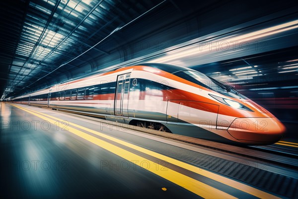 Modern high speed train in a futuristic train station. Modern transportation technology, speed,
