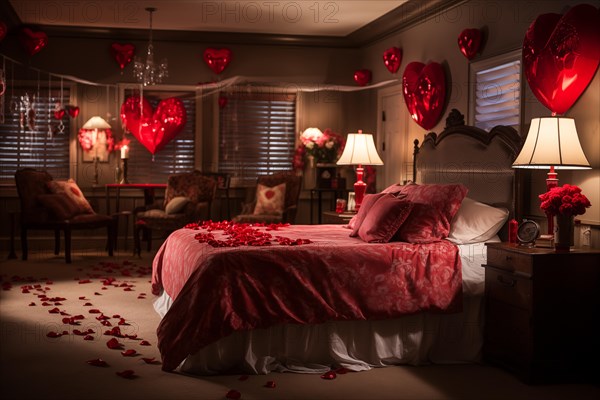 A cozy bedroom adorned with red and white heart-shaped balloons, rose petals, and candles creating