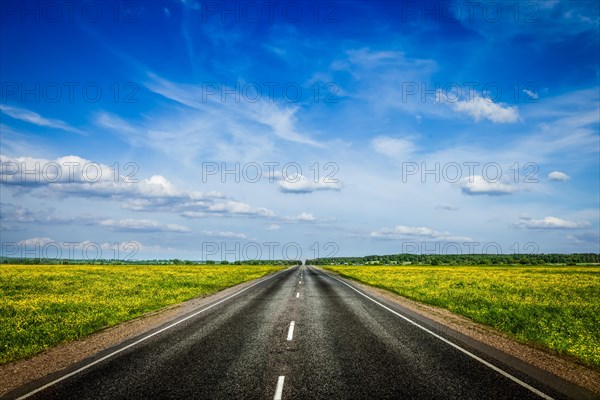 Travel concept background, an empty road with a blue sky and blooming green spring fields on either