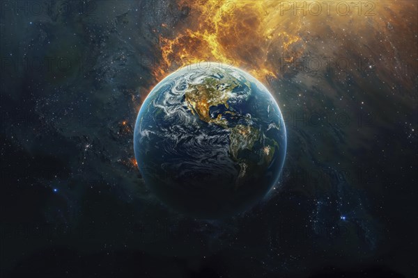 The earth in space, surrounded by the blazing heat of the dying sun, conveys a sense that