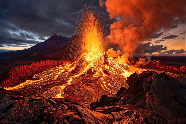 A spectacular volcanic eruption at dusk with flowing lava and smoke, AI generated, AI generated