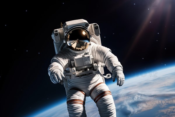 Astronaut Floating Above Earth in Space with extravehicular mobility unit and backpack. Wonder and