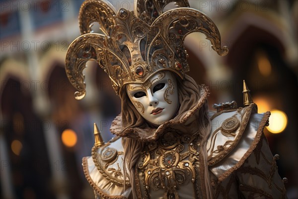 A person adorned in a richly detailed and colorful carnival costume, complete with an elaborate