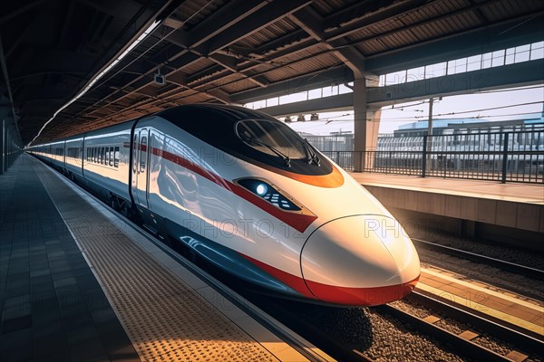 Modern high speed train in a futuristic train station. Modern transportation technology, speed,