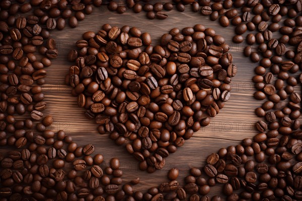 A heart-shaped arrangement of rich, dark coffee beans set against a contrasting wooden background,