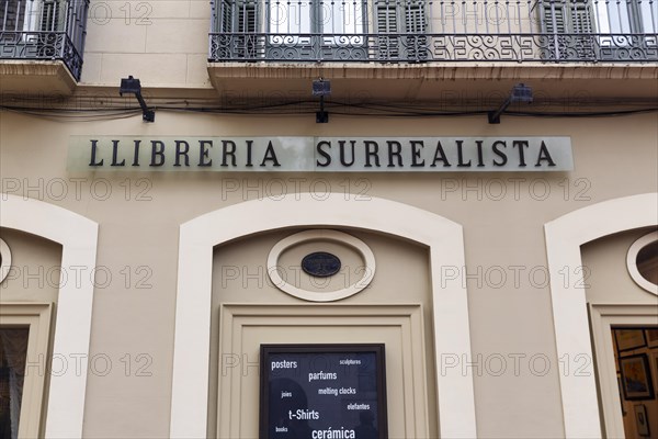 Sign with inscription, surrealist bookshop, facade, souvenir shop at the Dali Theatre-Museum in
