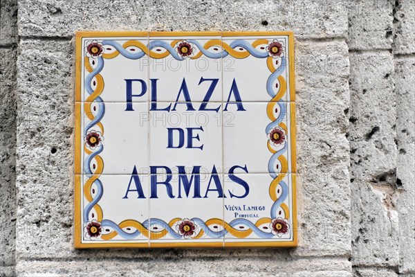 Street sign, tiles, Plaza de Armas, centre of Havana, Centro Habana, Cuba, Greater Antilles,