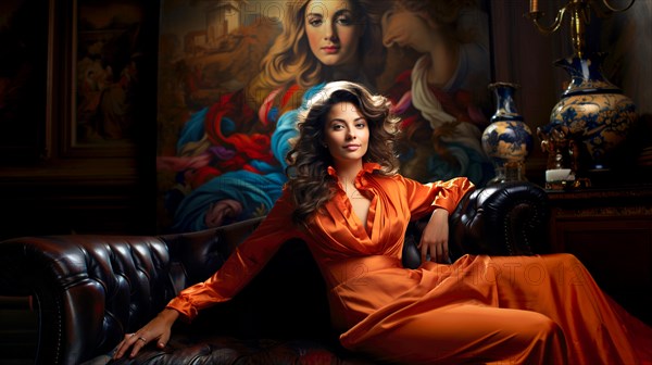 Beautiful young woman dressed in an orange dress, sitting in a salon on a black leather sofa, in