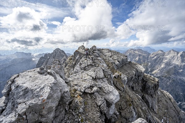 Rocky mountain peak on a narrow ridge, summit of the Watzmann Mittelspitze, Watzmann crossing,
